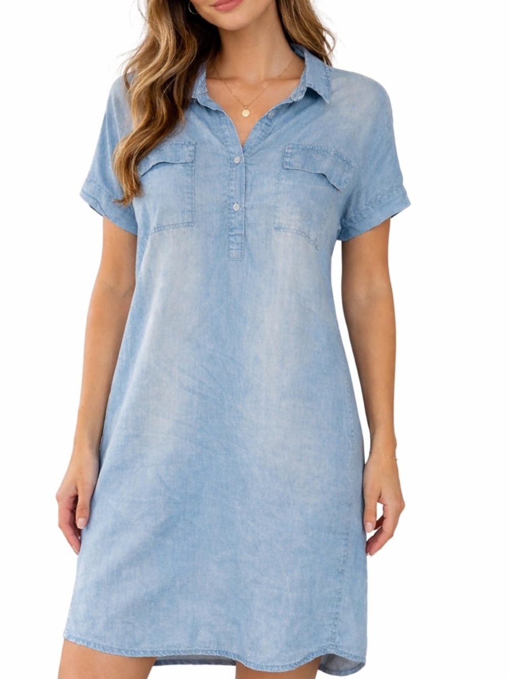 Blue Chambray Shirt Dress Linen Blend Short Sleeve Casual Shift Dress M